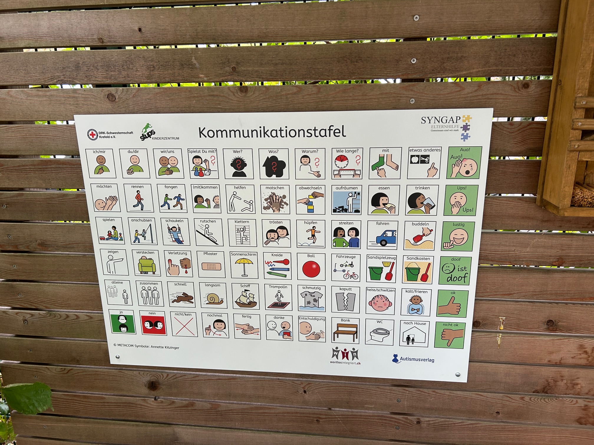 Spielplatztafel mit METACOM Symbolen an Holzwand