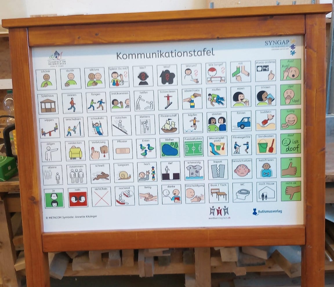 Spielplatztafel mit METACOM Symbolen in Holzständer